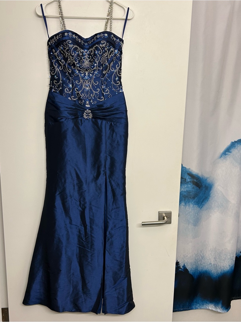 Night Moves Blue Satin Sweetheart Corset Beaded Sequin Maxi Dress Size 2